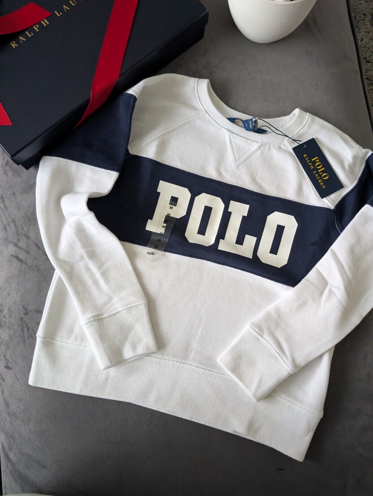 New Ralph Lauren Girls 8-10yrs Ivory  Fleece Pullover Jumper Navy White £89