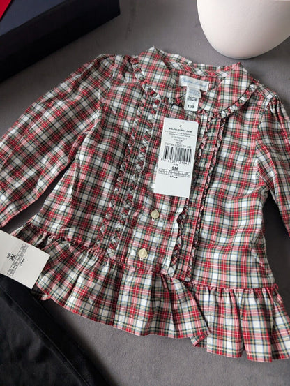 New Ralph Lauren Girls Poplin Plaid Check Shirt Frill + Leggings Set Gift 6-9m