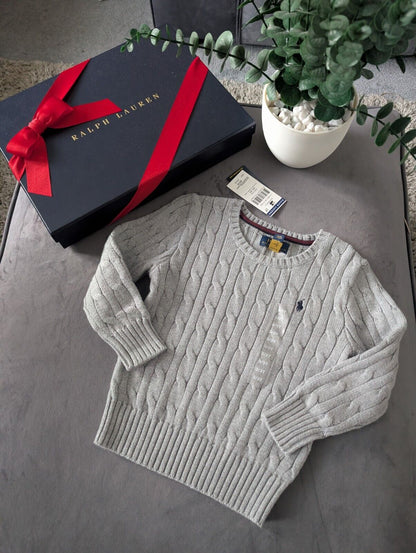 New Boys Ralph Lauren Grey Cable knit long sleeve jumper autumn winter 3 Stripe