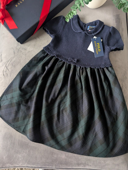 New Ralph Lauren Tartan Plaid Pretty Green Navy Knit Bow Dress Gift 4y Rrp £125