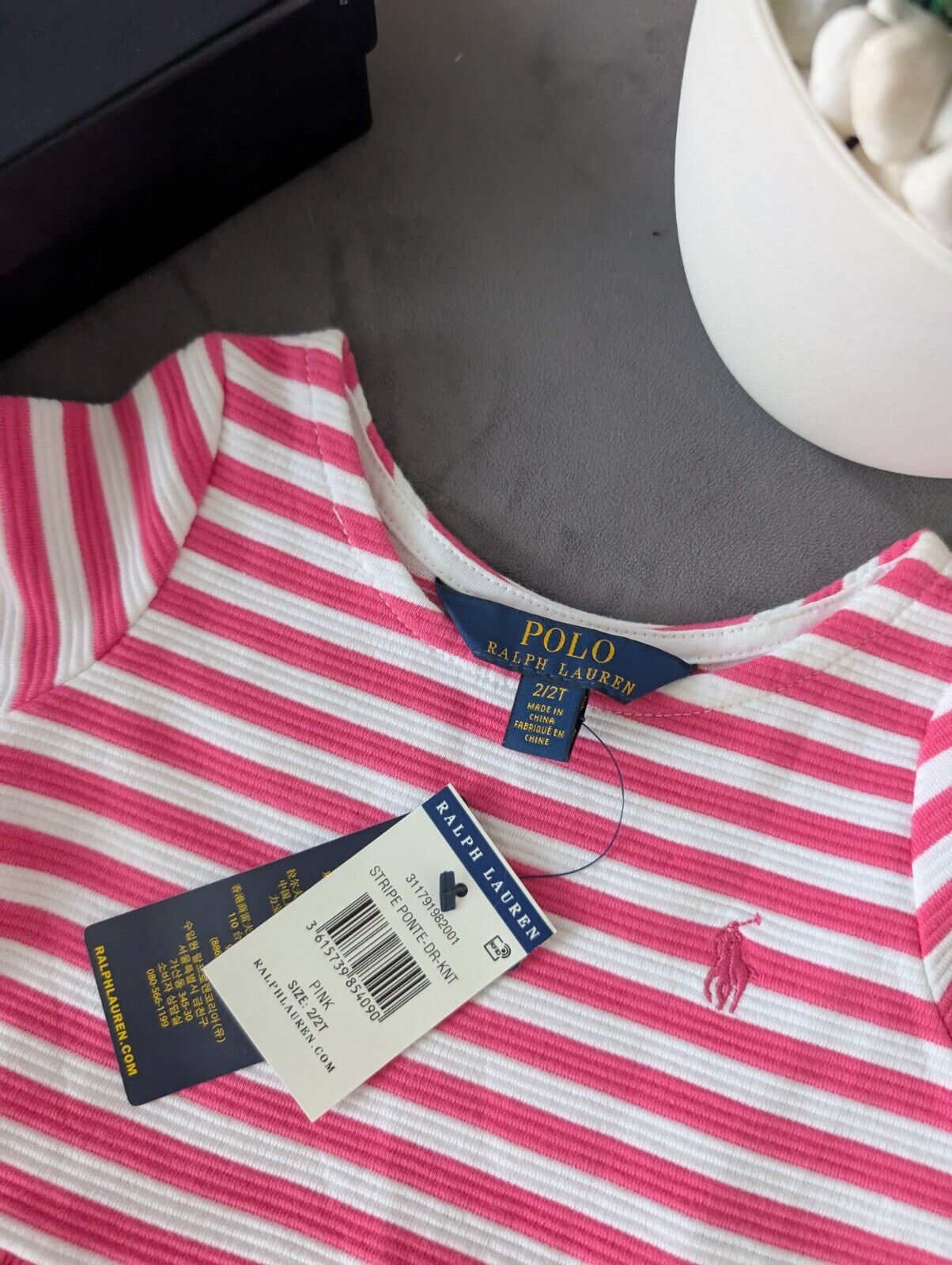 New Stunning Girls Ralph Lauren Pink Ribbed Stripe Dress Occasion Age 2 Gift