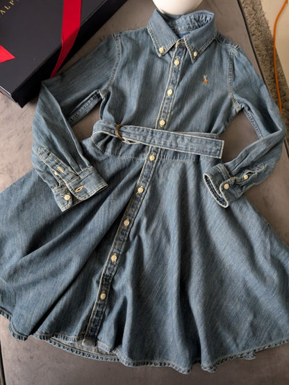 Vgc Ralph Lauren girls denim style shirt dress belted occasion 6 Yrs Winter occasion