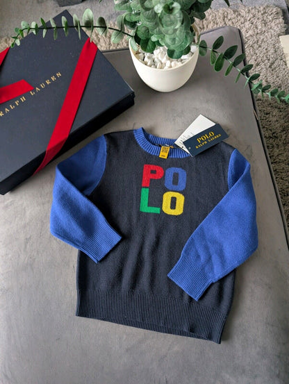 New Ralph Lauren Boys Colour Block Fine Knit Jumper Polo Logo Blue Gift 2-3y