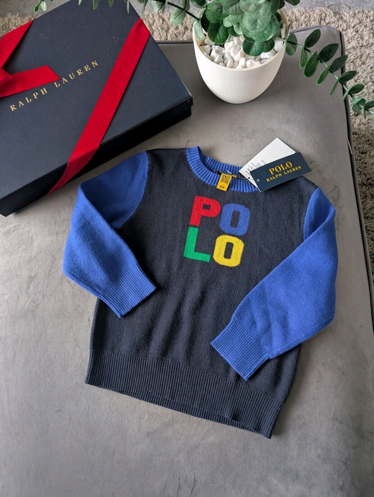 New Ralph Lauren Boys Colour Block Fine Knit Jumper Polo Logo Blue Gift 2-3y