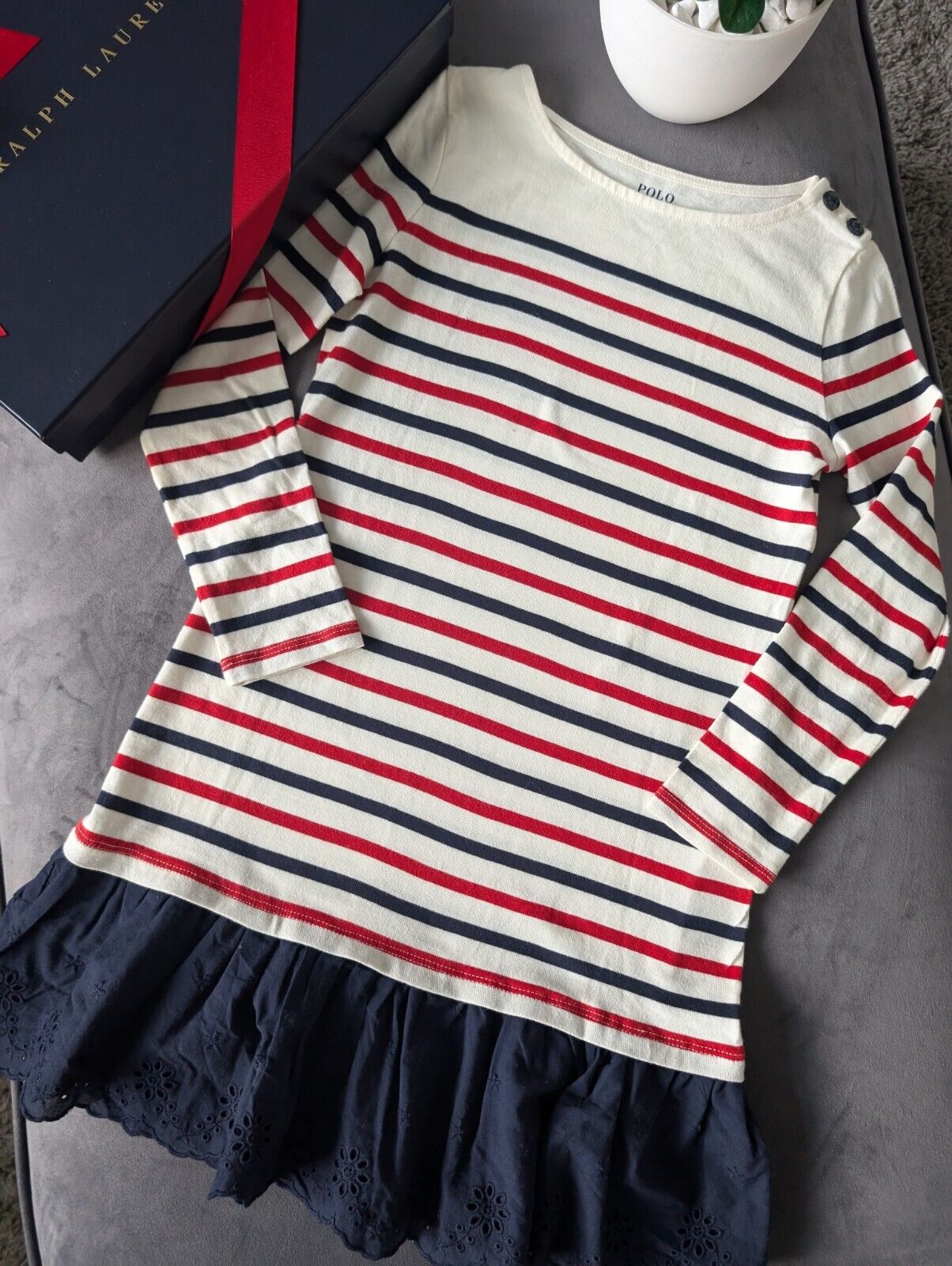 Worn Once Ralph Lauren Girls Stripe Navy Red Ivory Dress Embroidered Age 7