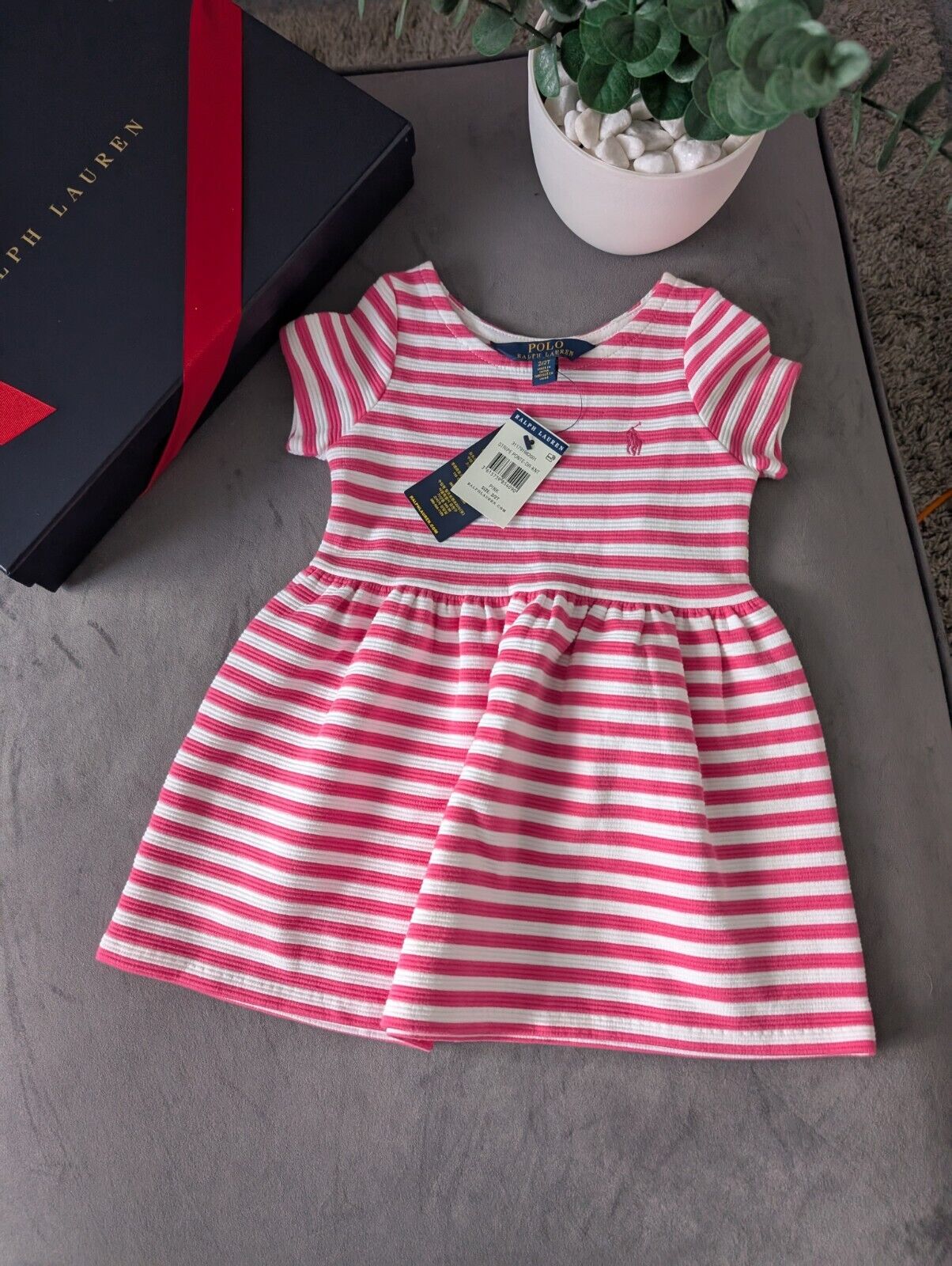 New Stunning Girls Ralph Lauren Pink Ribbed Stripe Dress Occasion Age 2 Gift