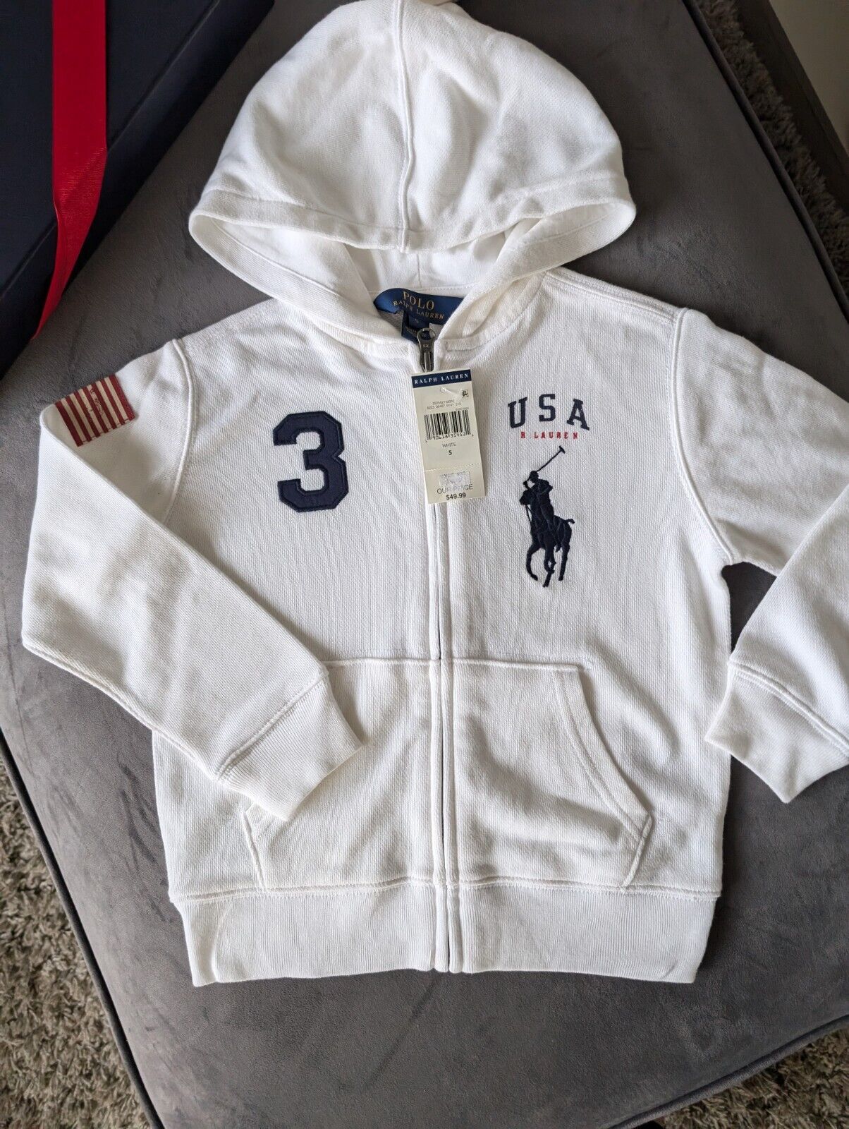 New Boys Ralph Lauren White Hoodie Polo Top American Flag Smart Age 5 Gift