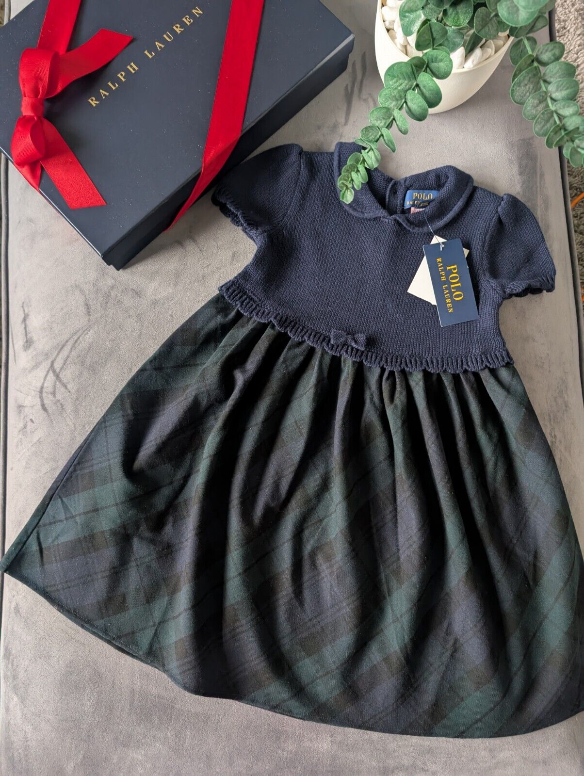 New Ralph Lauren Tartan Plaid Pretty Green Navy Knit Bow Dress Gift 4y Rrp £125