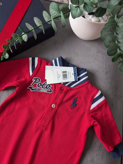 New Adorable Ralph Lauren Boys Navy Stripe Coverall All In One Red Baseball 0-3m