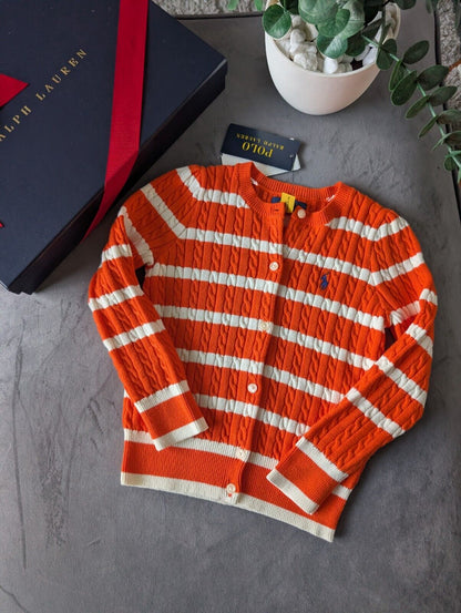 New Ralph Lauren Girls Knitted Cardigan 4 Years BNWT Orange White Stripe Gift