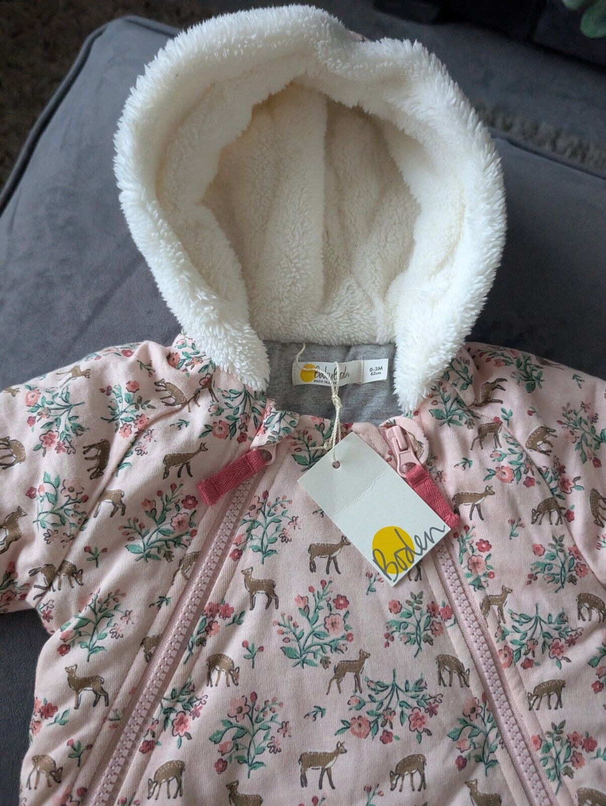 New Boden Baby Girls Snowsuit Sherpa Lined All In One pink Deer 0-3m Gift Cute