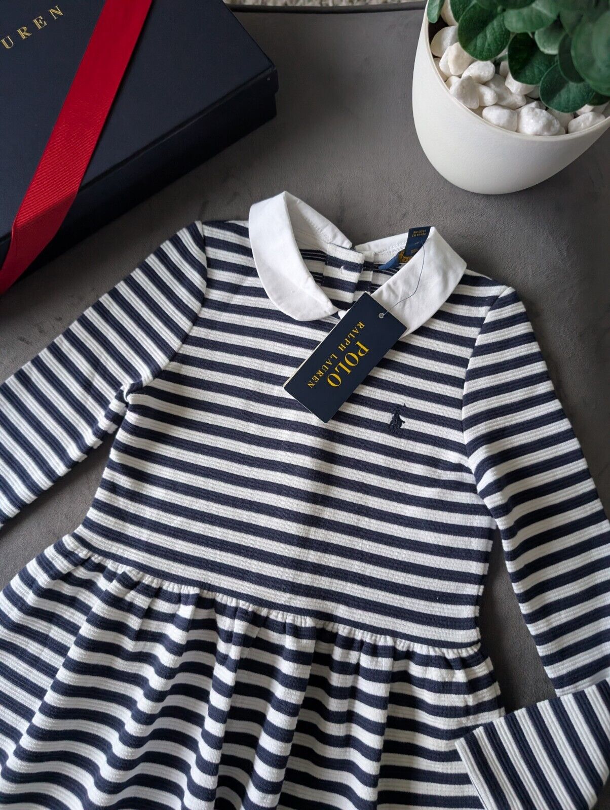 new polo Ralph Lauren French Navy/White Stripe dress Girls Age 5yr ribbed smart