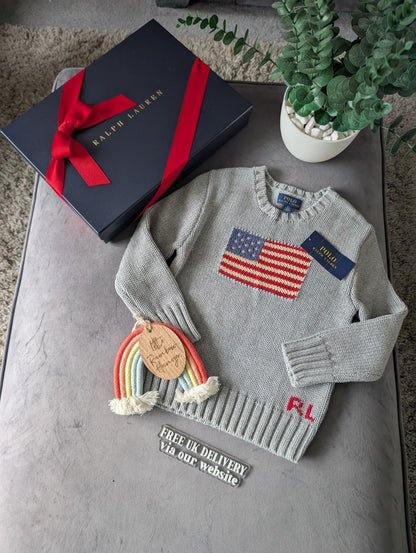 New Polo Ralph Lauren Grey Smart American flag jumper age UK 4-5yr USA Boys Gift