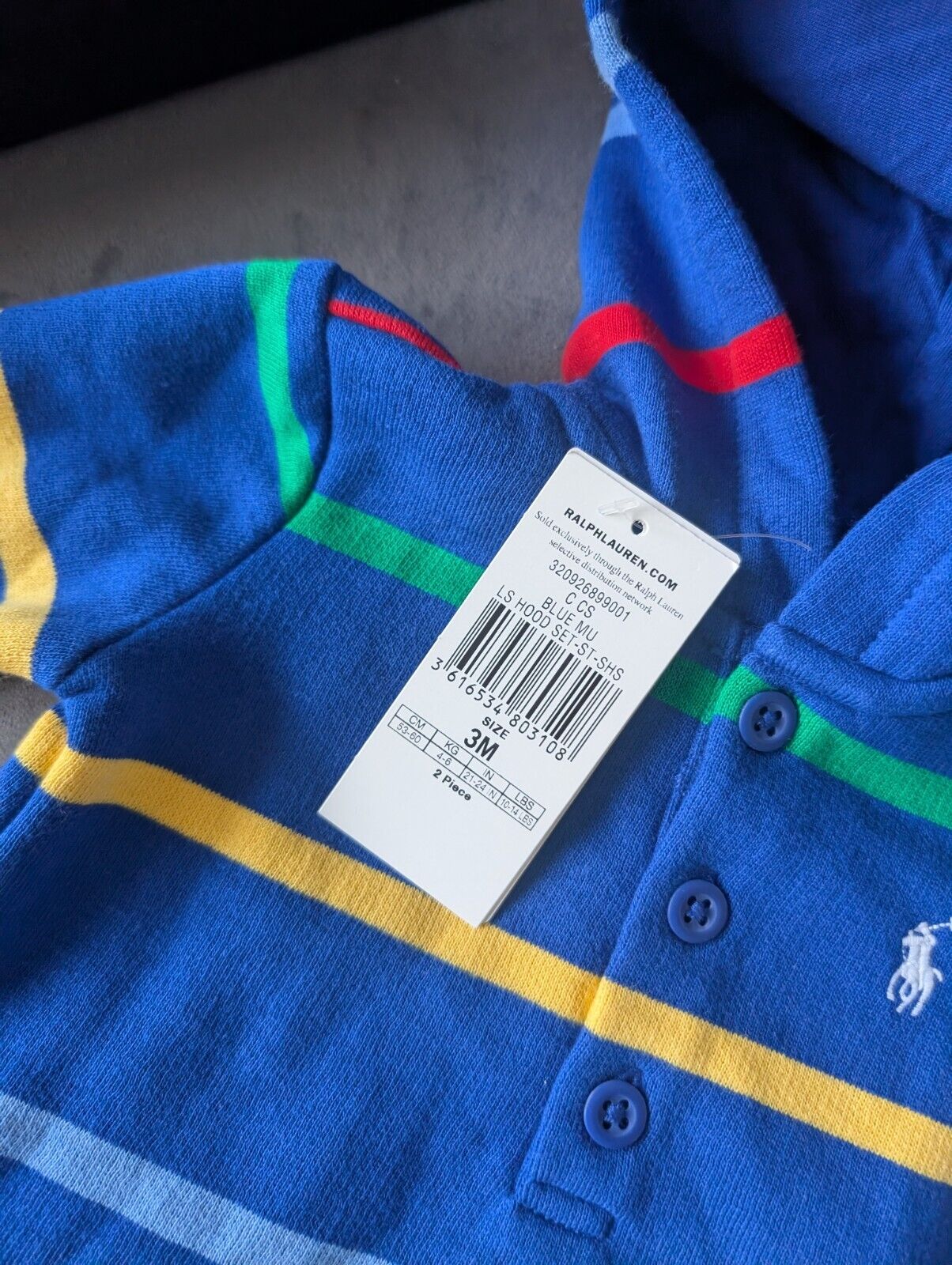 New Ralph Lauren Baby Boy Blue Short And Hoodie Set Gift Stripe Multi 0-3m Cute