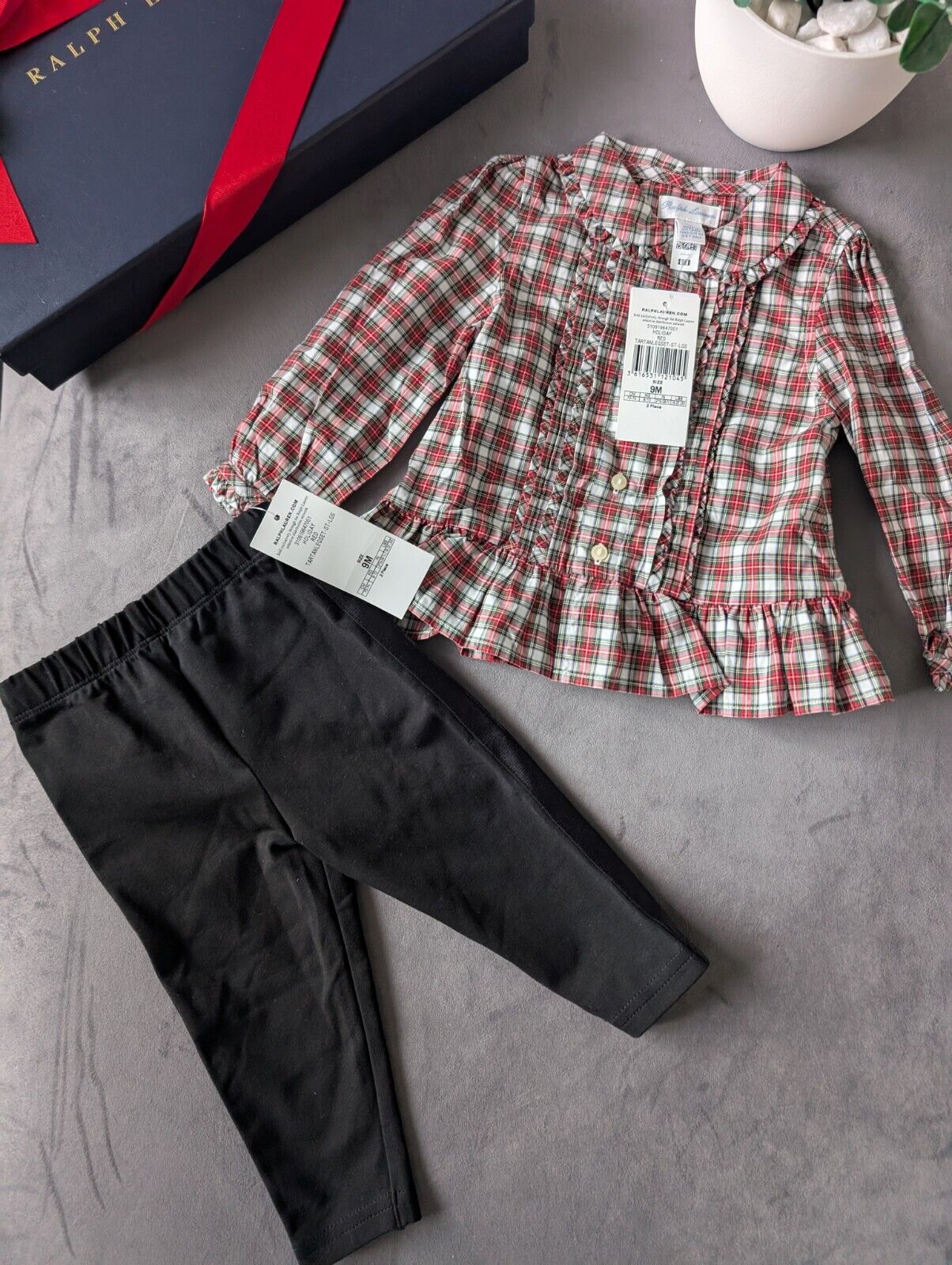 New Ralph Lauren Girls Poplin Plaid Check Shirt Frill + Leggings Set Gift 6-9m