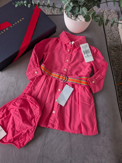 Ralph Lauren Polo girls buttoned Oxford Shirt dress Pink Belt Yellow 6-9m Gift