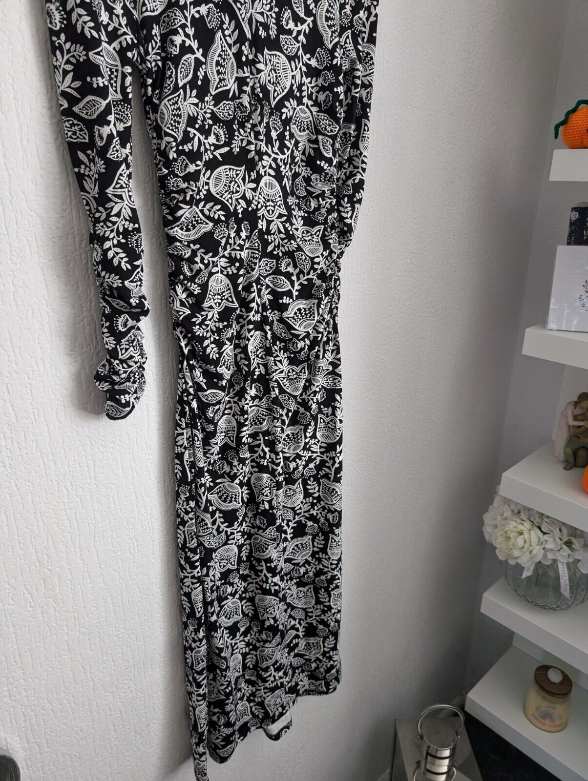 New Boden Ruched White & Black Print Jersey Midi Dress 6 R/Regular Autumn Winter