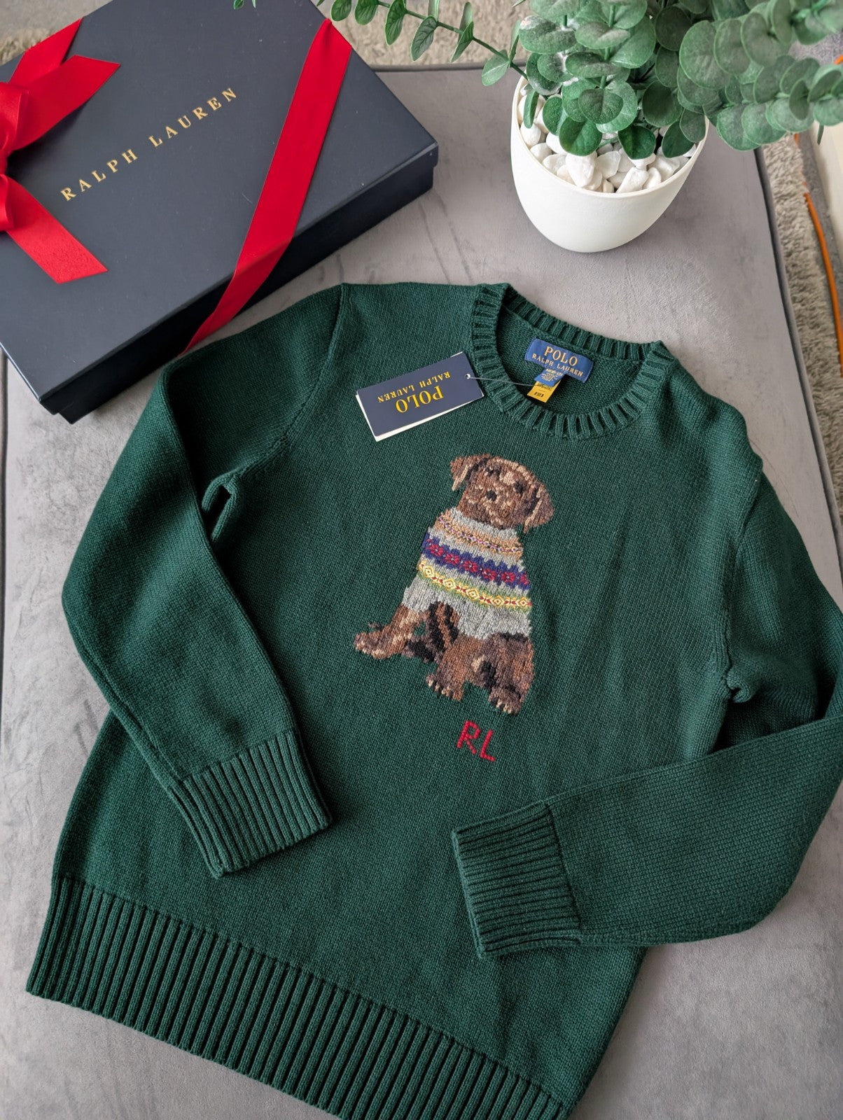 New 2024 Ralph Lauren Green Unisex Dog Knit Jumper Sweater Moss 10-12y £159 Gift