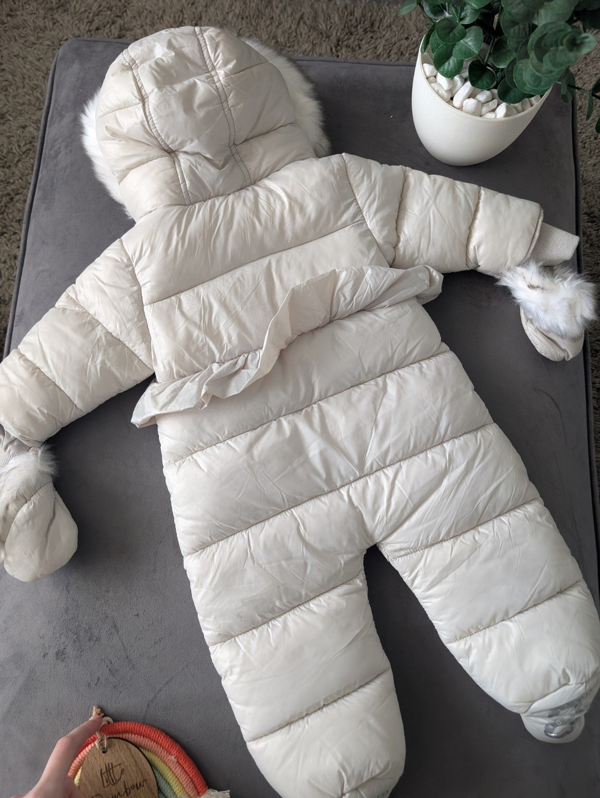 Ted Baker Silver Padded Ruffle Trim Snowsuit & Mittens Set Age 3-6mths BNWT £54