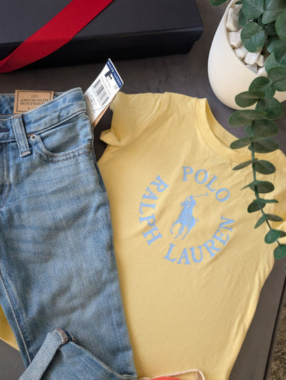 New Ralph Lauren Girls Yellow T Shirt + Blue Denim Boyfriend Jeans Summer 2yrs