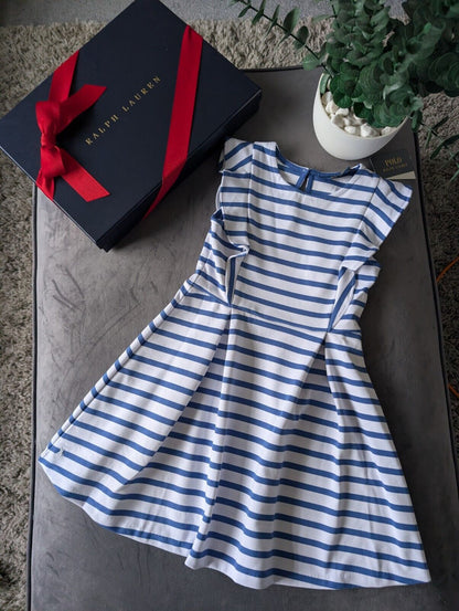 New Ralph Lauren Girls White Navy Stripe Polo Frill Stripe Ribbed Dress Gift 6yr