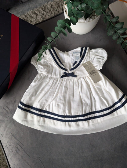 New stunning Ralph Lauren baby girls sally sailor dress white navy bow 0-3m