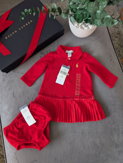 New Ralph Lauren Pleated shirt dress Red Bow 3months Occasion Formal Tennis