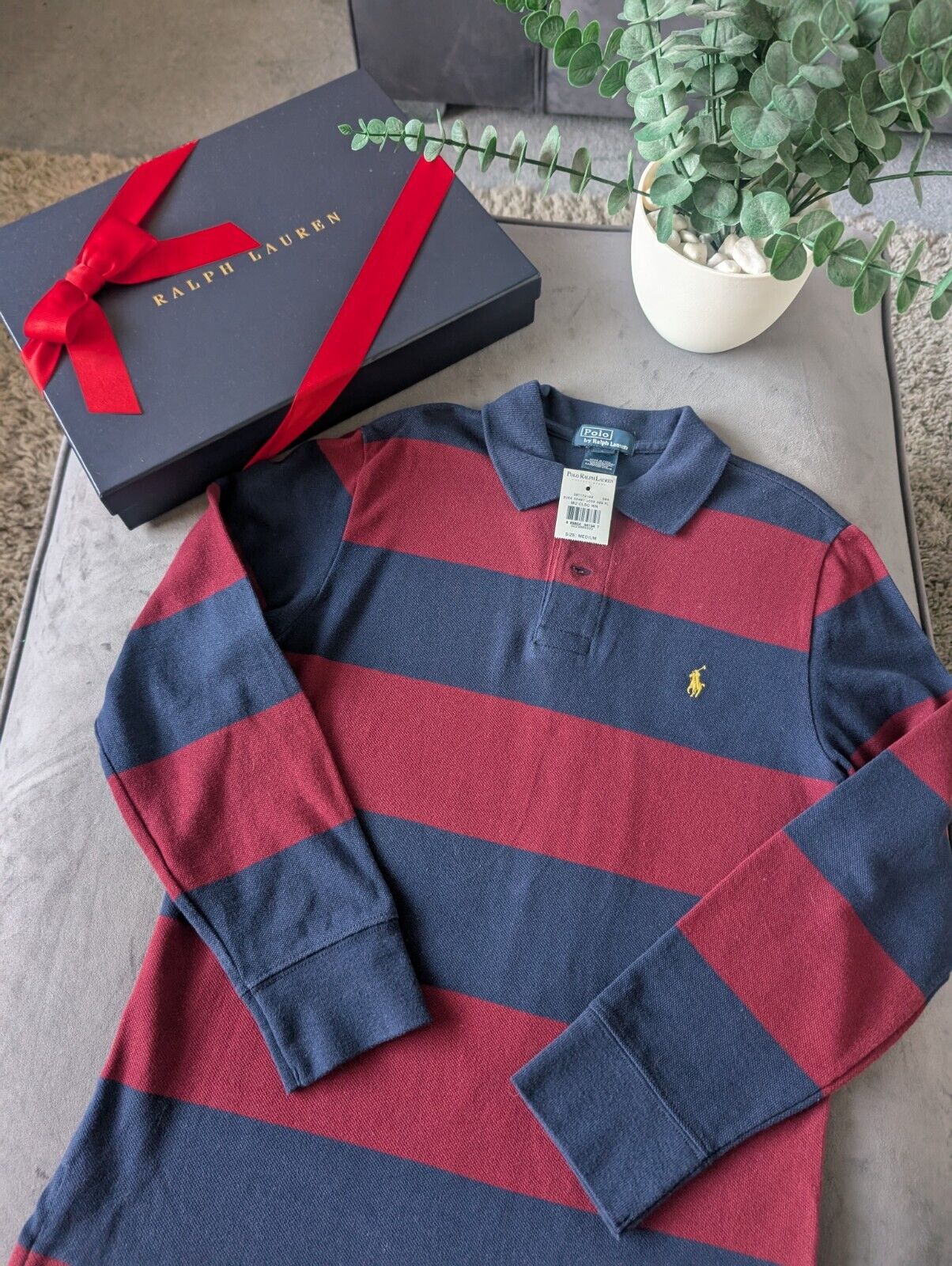 New Ralph Lauren Boys Rugby Style Stripe Long Sleeve Polo Burgundy Navy 10y Boys