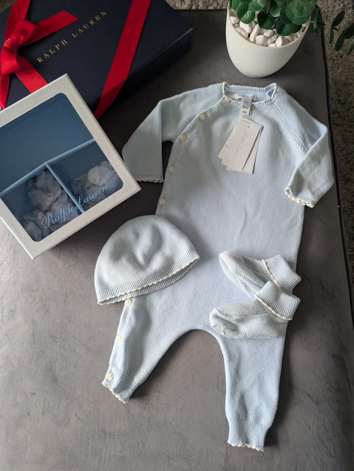 New Ralph Lauren Boys New Baby 3 Piece Gift Set Stripe  6-9 m BlueRRP £115