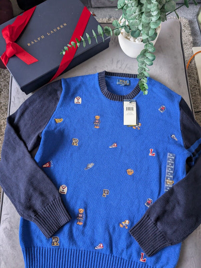 New Polo Ralph Lauren Jumper Boys 16y Blue Bear  Dog Cricket Embroidered Gift