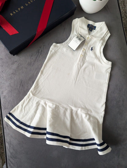 New Ralph Lauren Girls White Navy Stripe Polo Frill Sleeveless Dress Gift Age 4