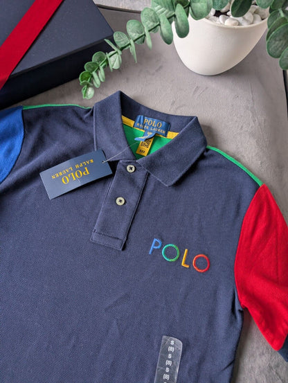 New Ralph Lauren Boys Colour Block Short Sleeve Polo Red Blue Navy 7yrs Boys