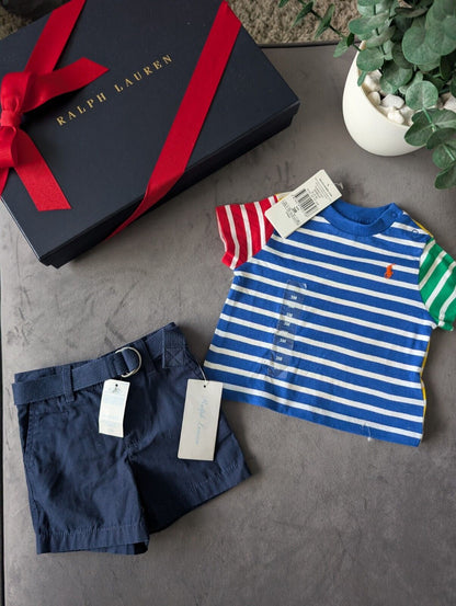 New adorable Ralph Lauren boys Stripe t  shirt + navy blue short set 0-3m gift