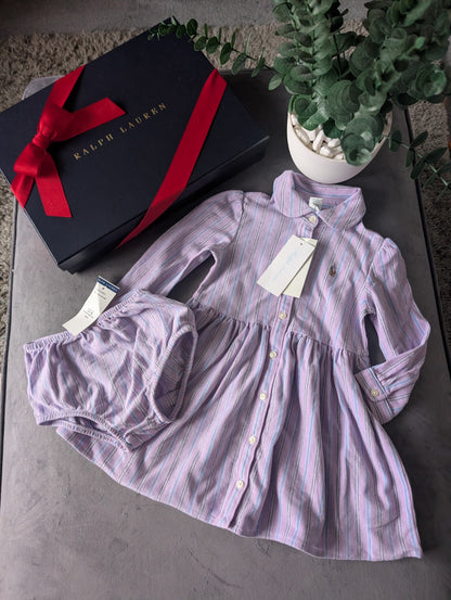 New Ralph Lauren Baby Girl Oxford Mesh Dress & Bloomer Lilac White 12-18m Gift