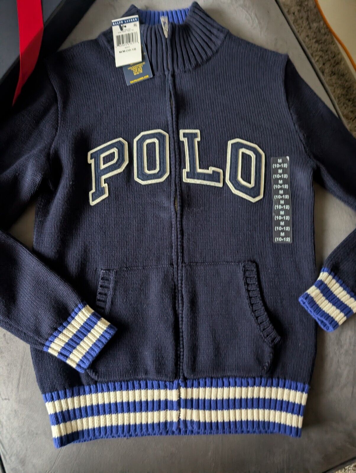 New Boys Ralph Lauren Navy Polo Logo Full Zip Jacket Knit Chunky 10-12yrs