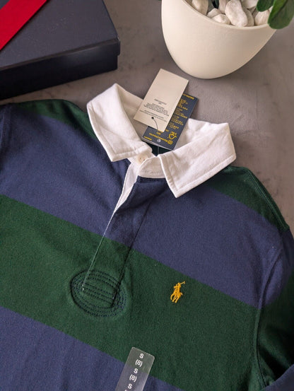 New Ralph Lauren Boys Rugby Style Stripe Long Sleeve Polo Green Navy 8 y Boys