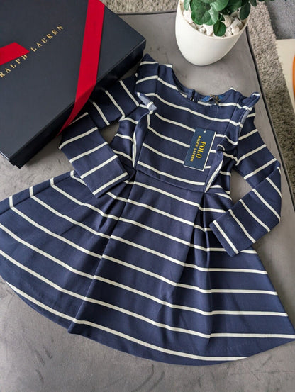 New Polo Ralph Lauren Girls Navy Striped Ruffled Ponte Dress Ruffle 4 Yrs