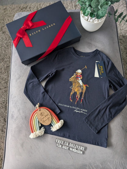 New Ralph Lauren Girls Horse Long Seeve T Shirt 6-7yr Smart Navy Cute Gift