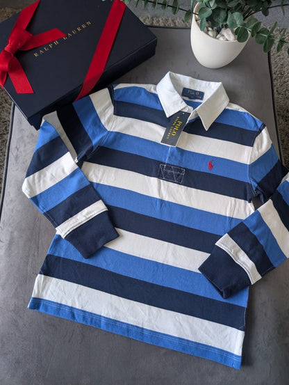 New Ralph Lauren Boys Rugby Style Stripe Long Sleeve Polo Blue White  8y Boys