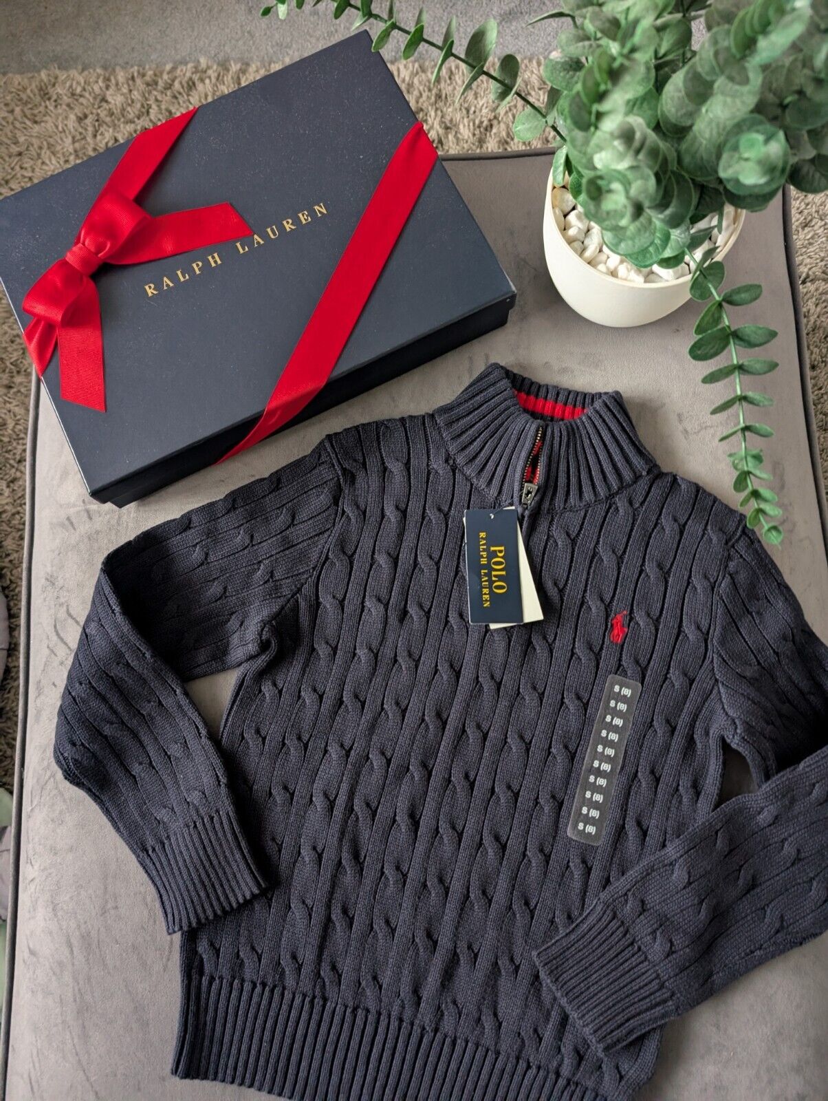 New 2024 Season Ralph Lauren boys smart Navy 1/4 zip cable knit jumper 8yr Gift