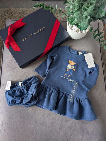 New Gorgeous Ralph Lauren Baby Girls Navy Bear Golf Dress Sweater + Bloomer 6m