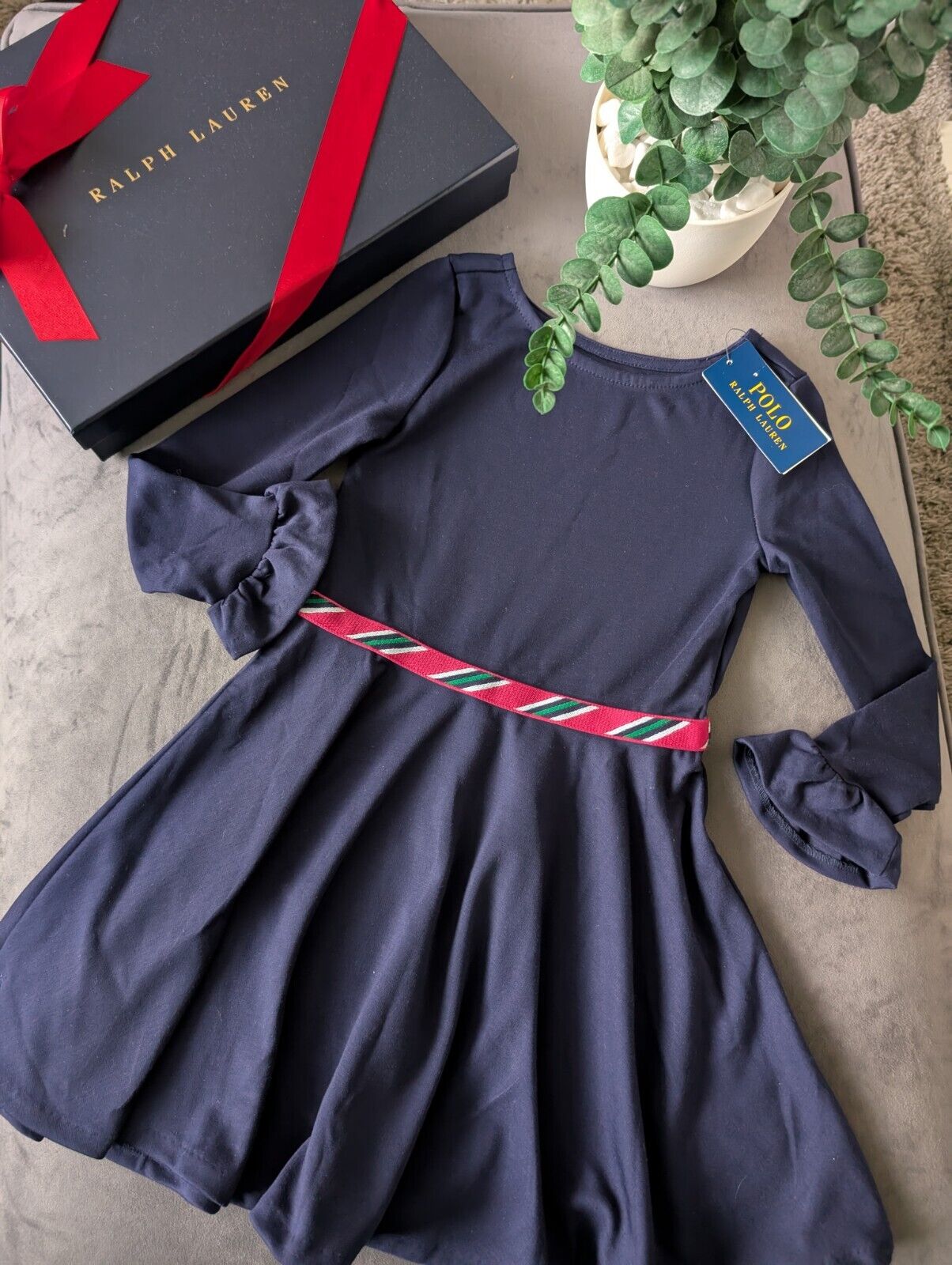 New Stunning Ralph Lauren Girls Ponte Frill Sleeve Navy Dress Belted Gift 6y