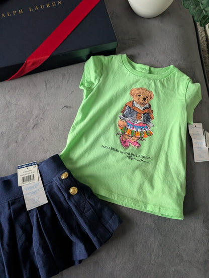 New Ralph Lauren Girls Green Bear T Shirt And Navy Skort Pleated Outfit 12m Gift