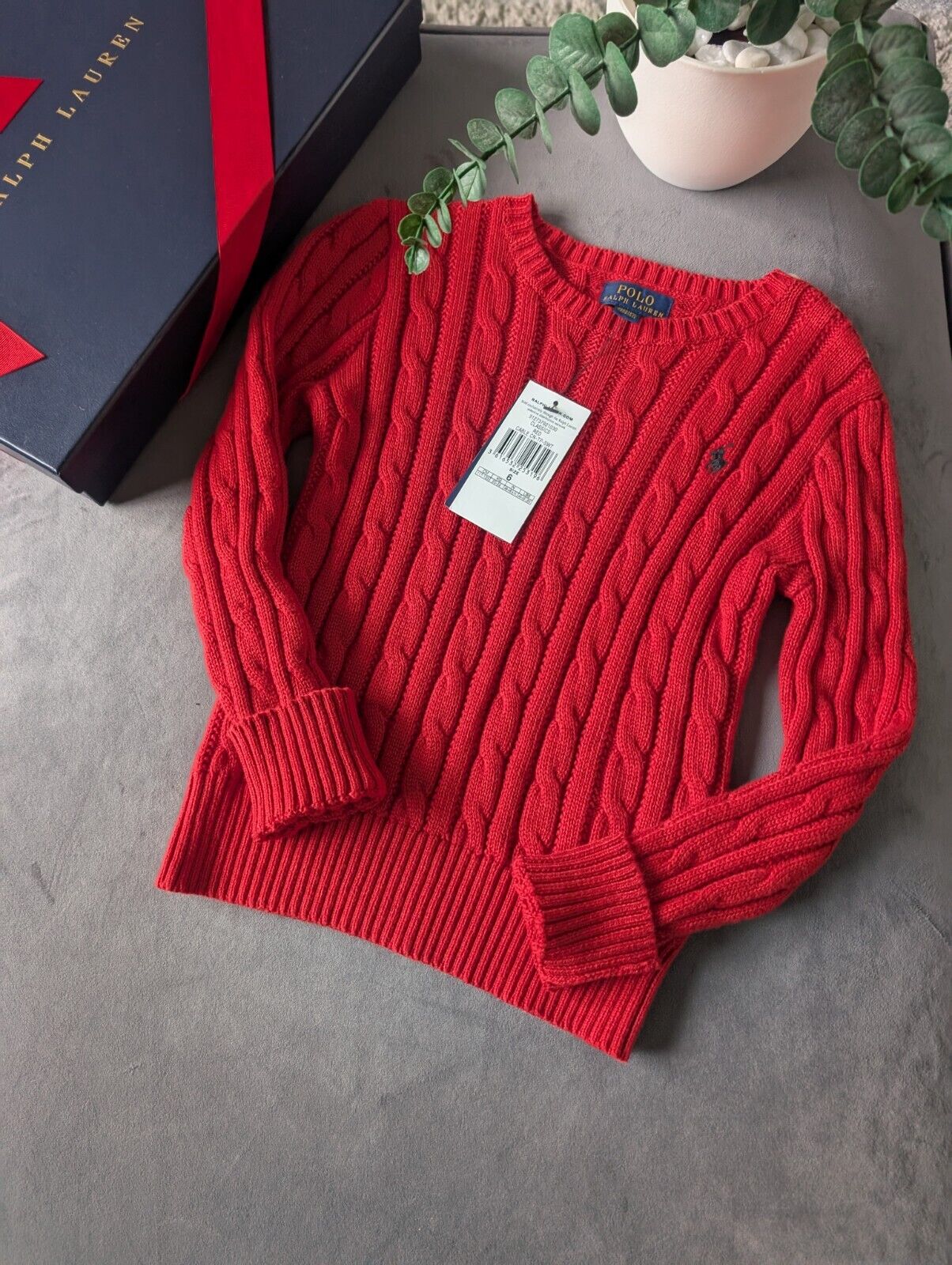 New Unisex Ralph Lauren Red cable knit long sleeve jumper autumn winter 6yr Gift