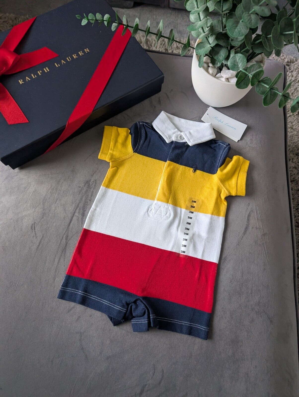 New Ralph Lauren Baby Boy Navy Yellow Stripe Romper 0-3m Gift Cute Baby Summer