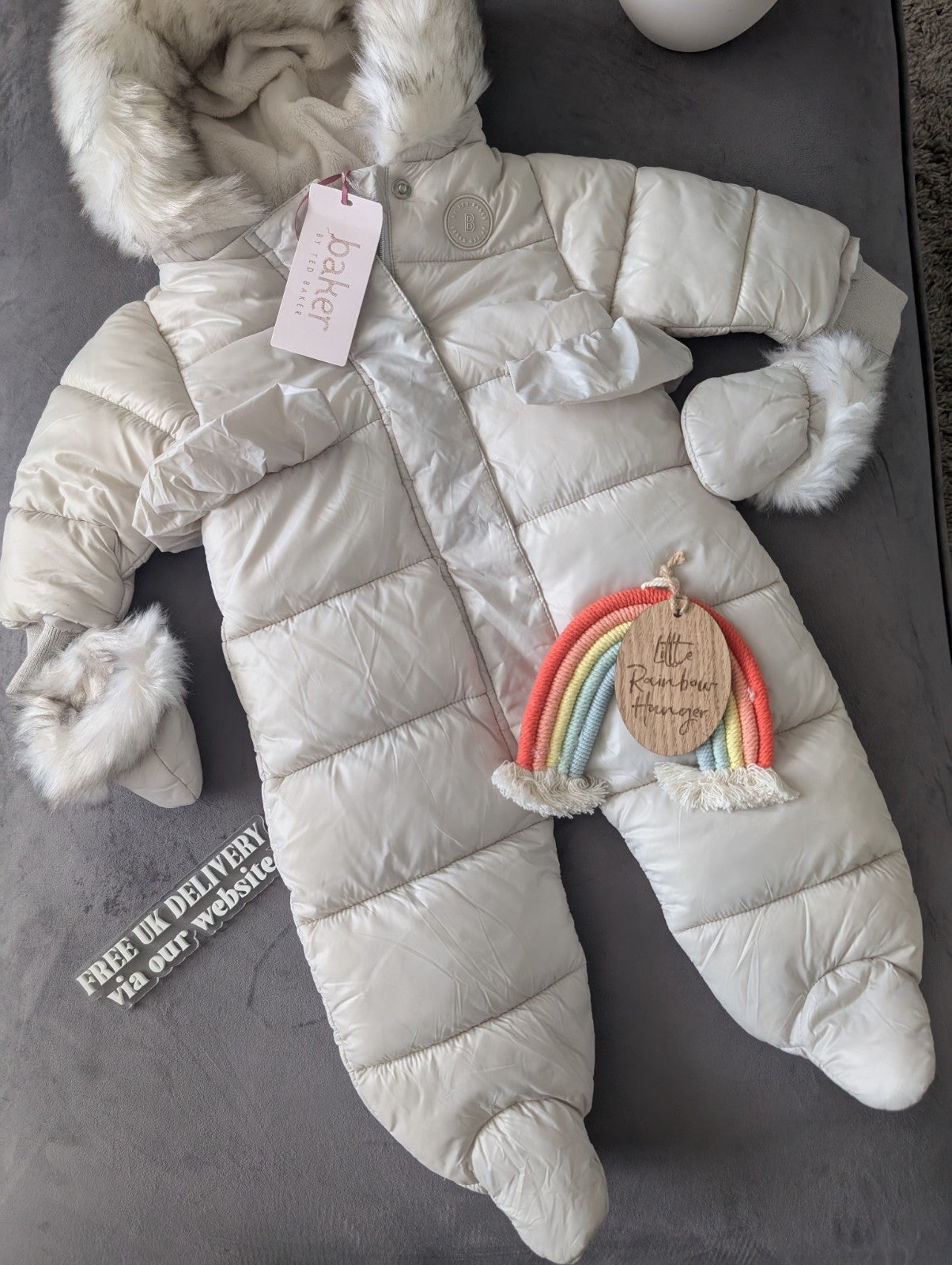 Ted Baker Silver Padded Ruffle Trim Snowsuit & Mittens Set Age 3-6mths BNWT £54