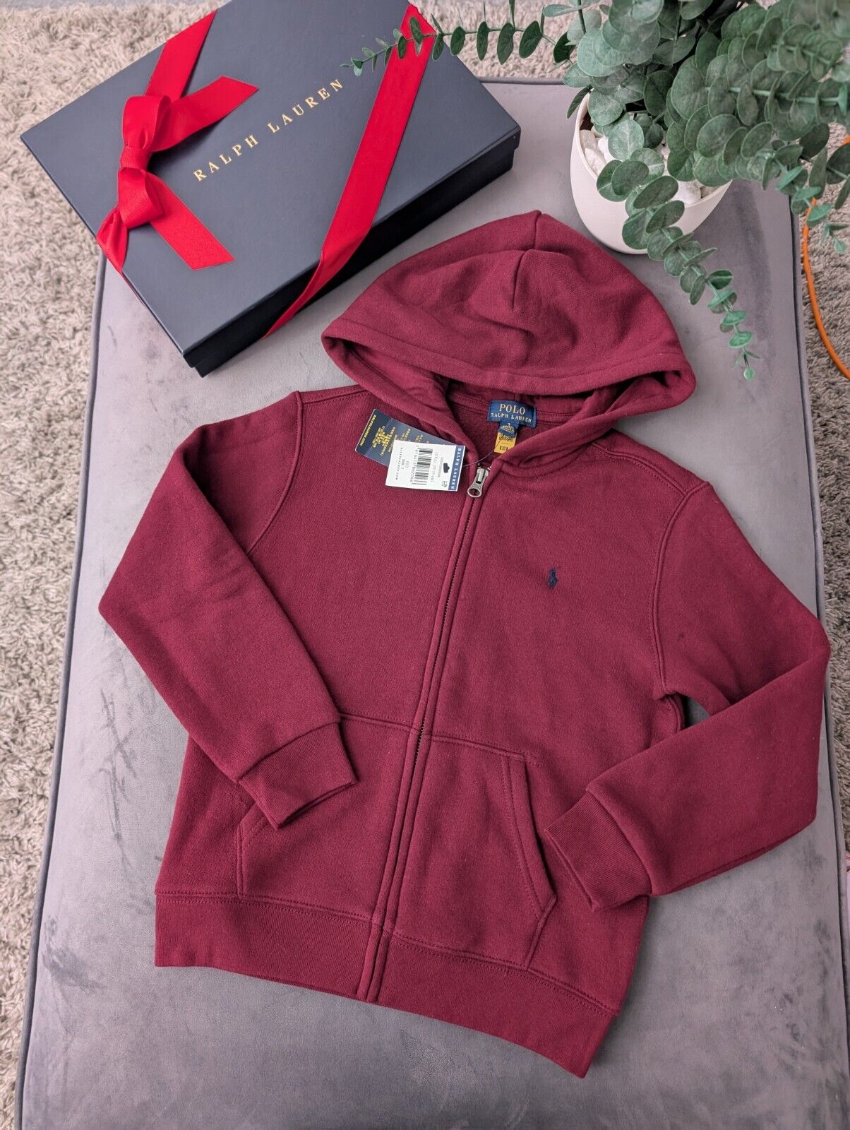 New Ralph Lauren Burgundy Film Zip Unisex Hoodie Size Kids 6-7 Yrs Gift Jumper