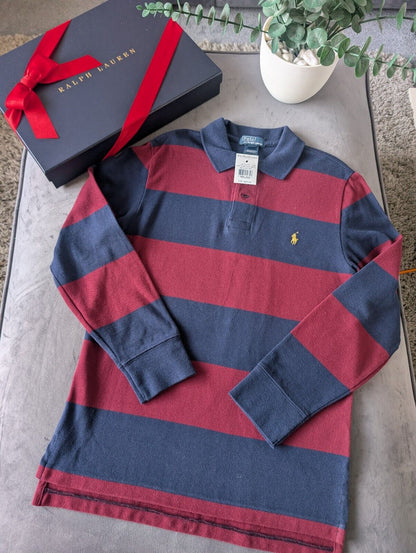 New Ralph Lauren Boys Rugby Style Stripe Long Sleeve Polo Burgundy Navy 10y Boys