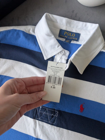 New Ralph Lauren Boys Rugby Style Stripe Long Sleeve Polo Blue White  8y Boys