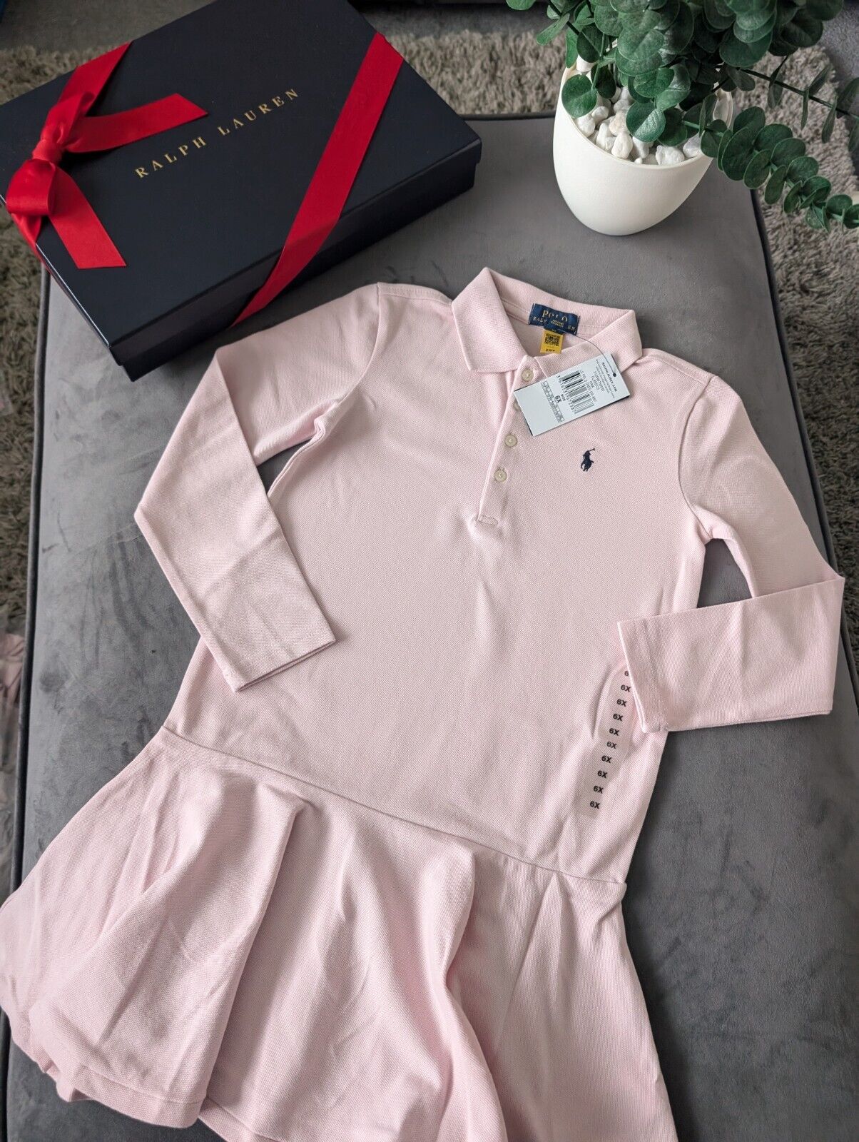 New Ralph Lauren girls soft pink polo dress long sleeve frill age 6-7 occasion gift